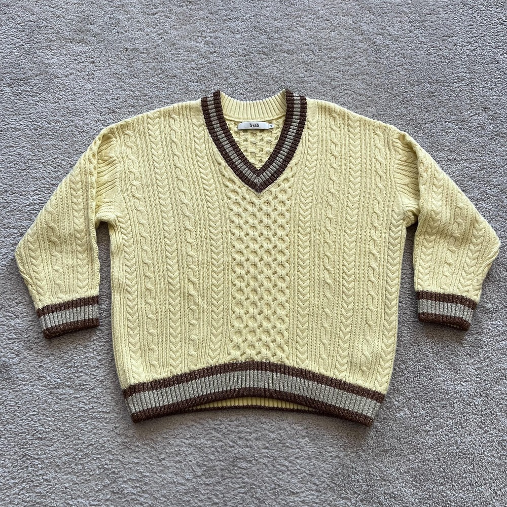 B+ab Cable Knit V-Neck Sweater Womens XS Yellow Brown Striped Trim Pullover